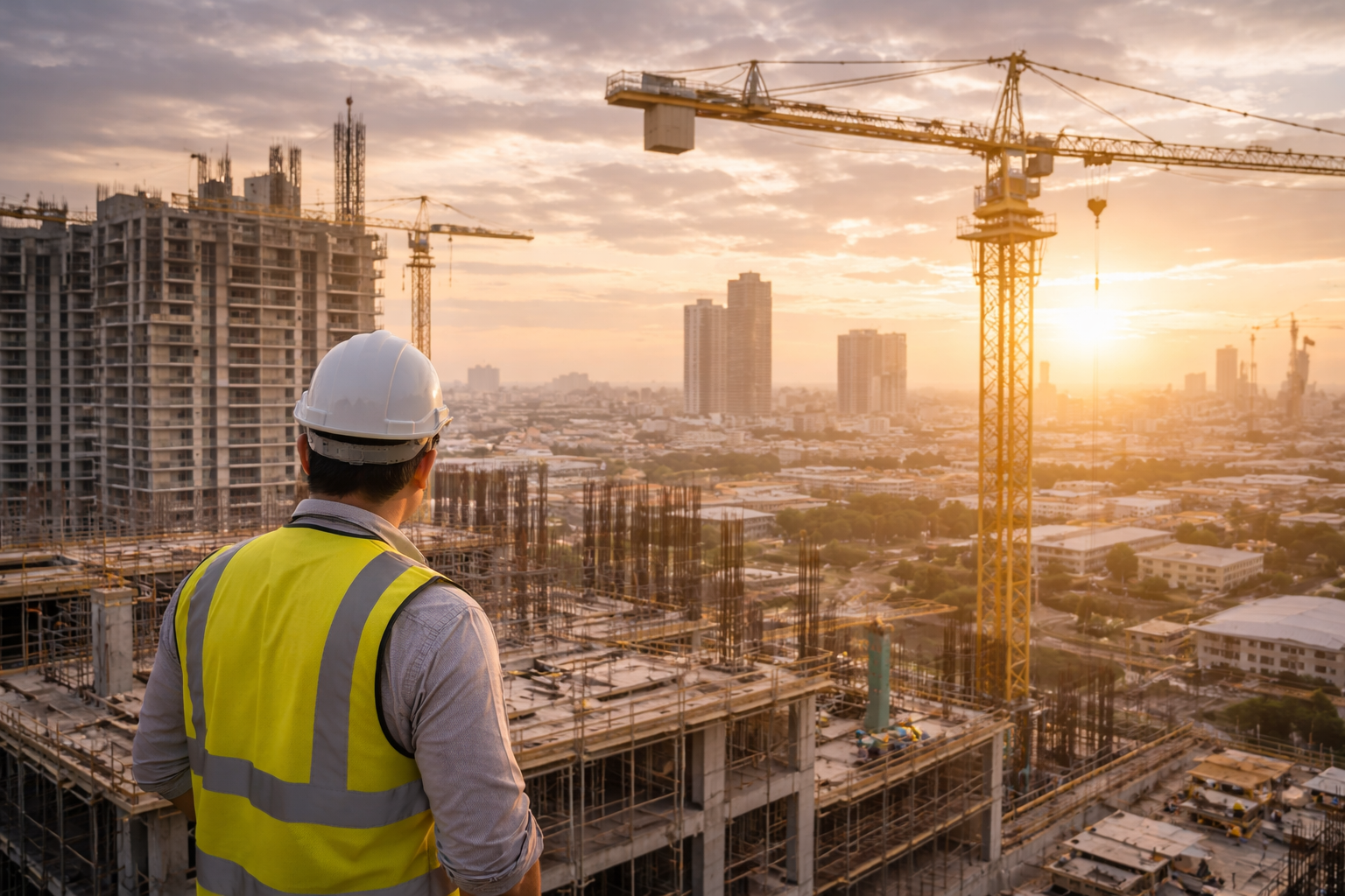 Construction worker at sunset